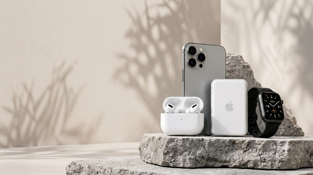 iPhone, AirPods Pro, MagSafe Battery Pack and Apple Watch displayed together on a stone pedestal