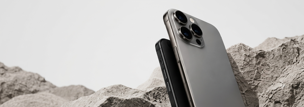 iPhone leaning against a phone on a stone backdrop
